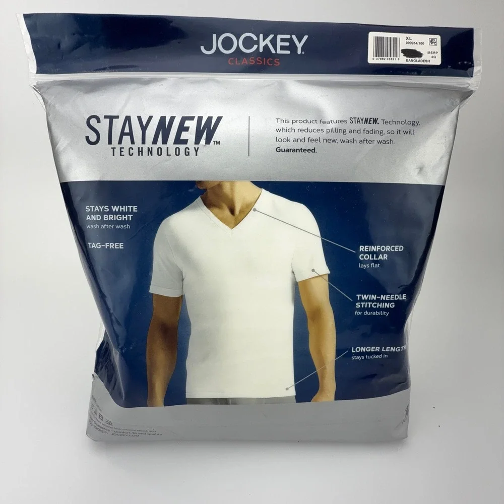 Jockey Classics Mens 3-Pack White V-Neck T-Shirts XL 46-48 StayNew Cotton 9954